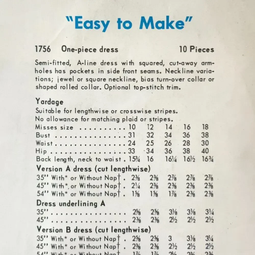 Vogue Easy To Make Basic Dress #1756 Size 16 Vintage Pattern 1960s Retro MCM